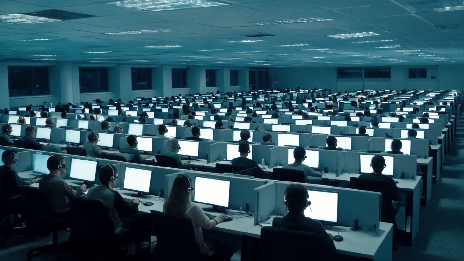 Des rangées d'agents devant des écrans d'ordinateur dans un grand centre d'appels.