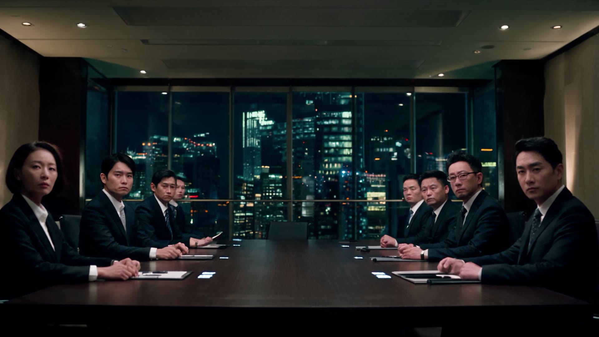 Une rangée de personnes en complet sombre est assise autour d'une table de conférence, devant les lumières de la ville, la nuit.
