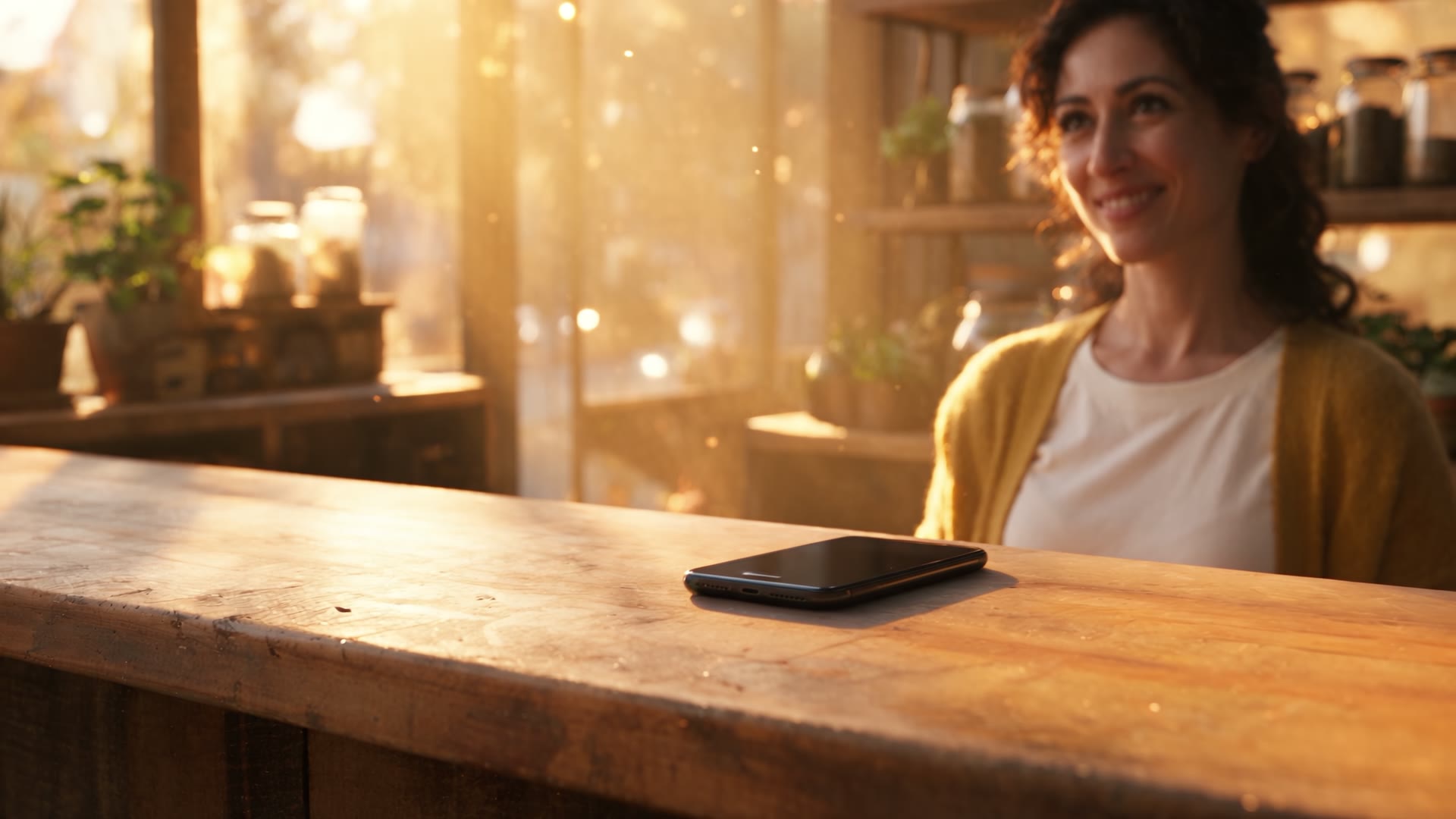 La propriétaire de la boutique sourit derrière un comptoir de bois ensoleillé, son téléphone sur le comptoir.