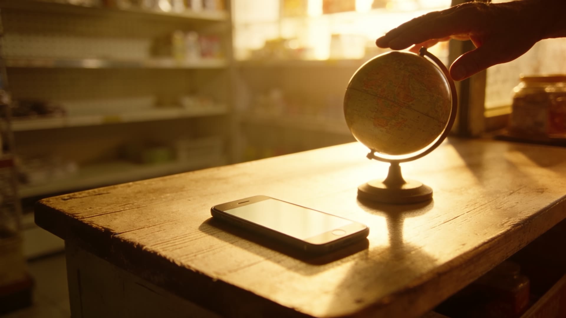 Une main fait tourner un petit globe à côté d'un téléphone, sur un comptoir ensoleillé.
